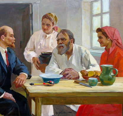 Green ceramic pitcher on wooden table in Yablonsky Lenin oil painting