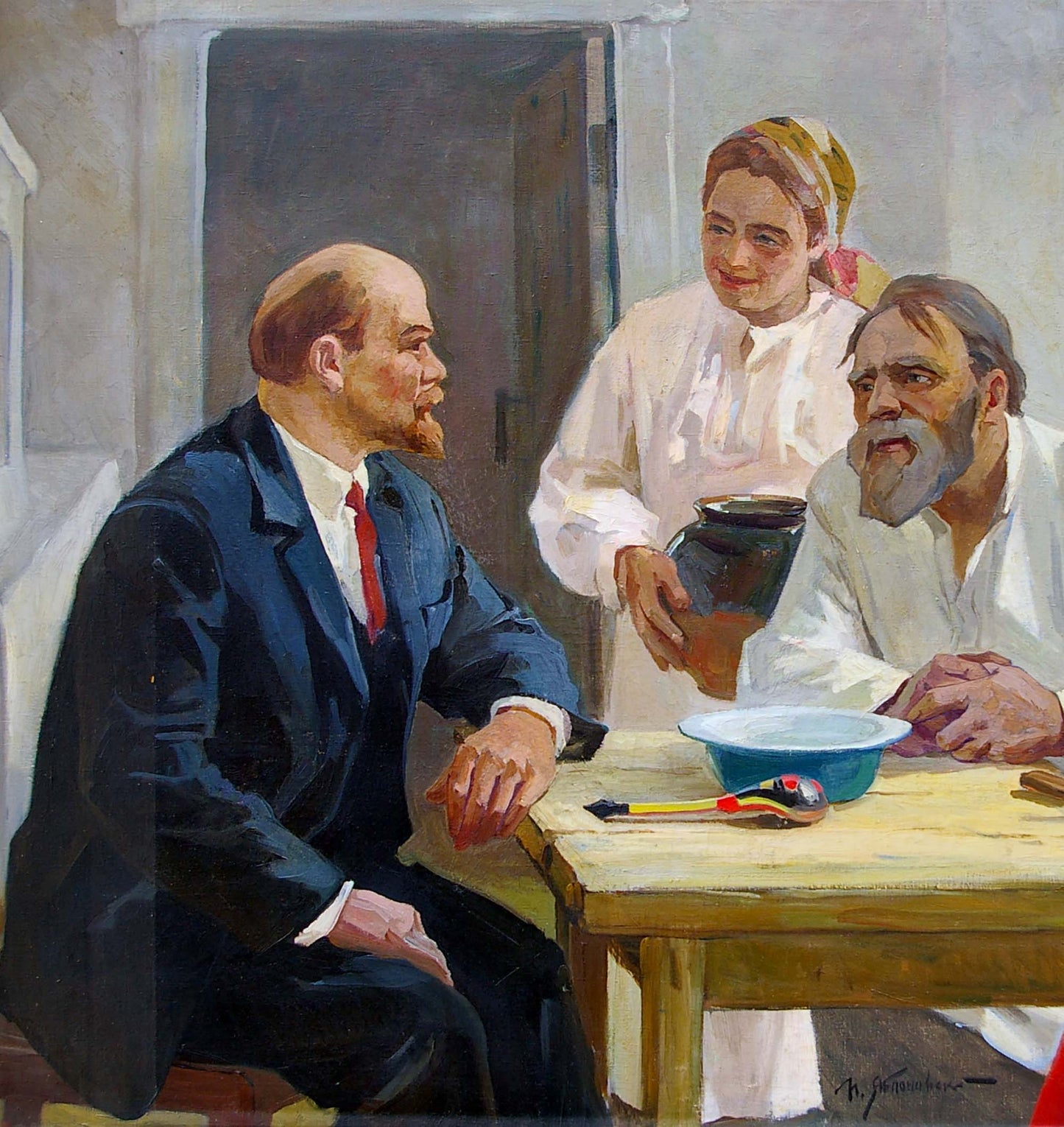 Dark earthenware jug with glossy glaze in Yablonsky Lenin oil painting