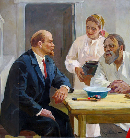 Dark earthenware jug with glossy glaze in Yablonsky Lenin oil painting