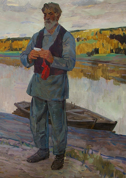Oil painting of elderly Lenin with white beard as fisherman by Samoylenko Zoya Alexandrovna