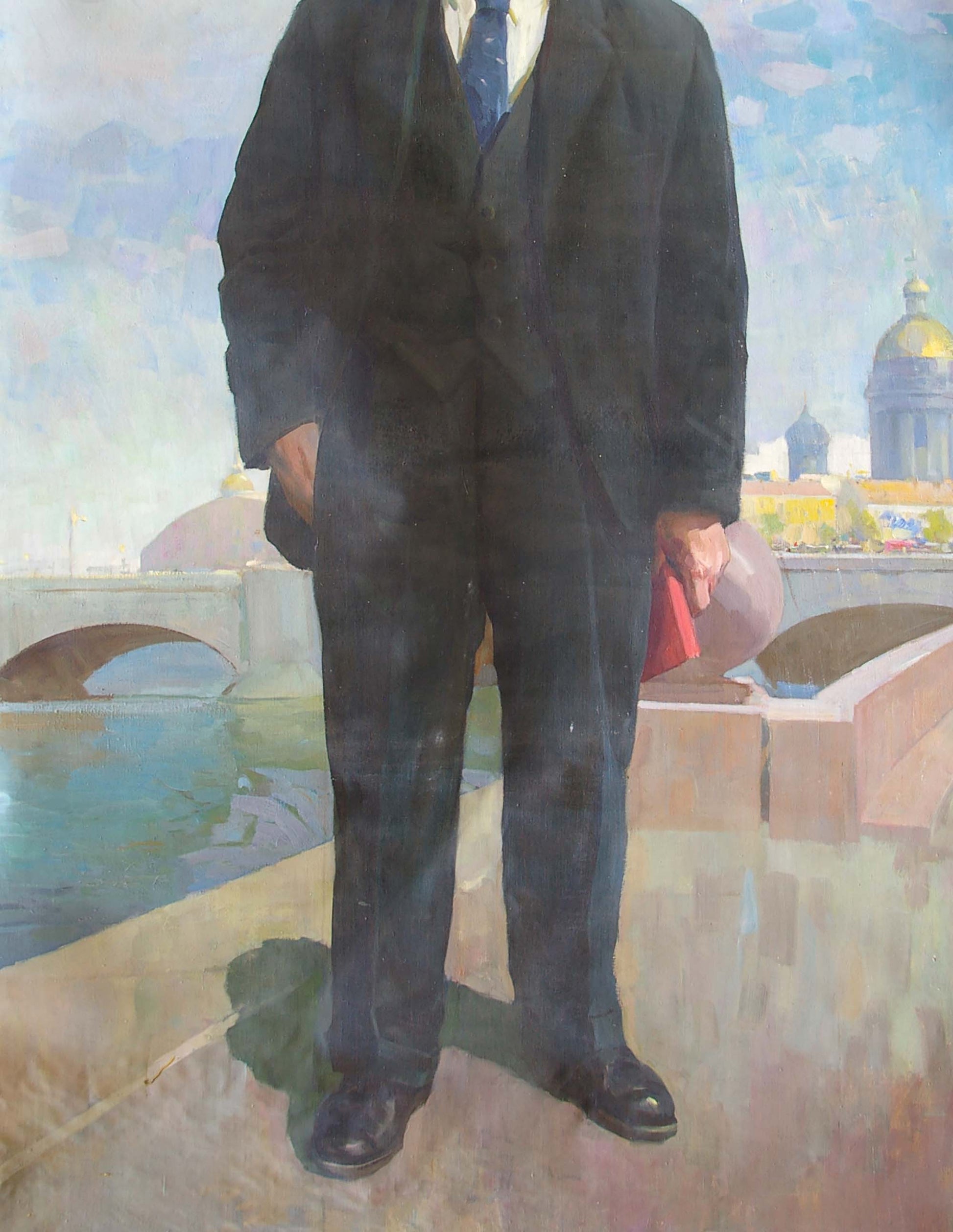 Oil painting by Arkady Vasilievich: Man in overcoat on stone bridge with red folder