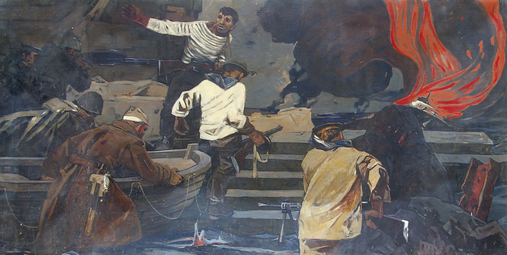 Dramatic oil painting by Grachev Anatoly Nikolaevich of soldiers war rescue at sea