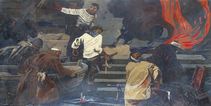 Dramatic oil painting by Grachev Anatoly Nikolaevich of soldiers war rescue at sea