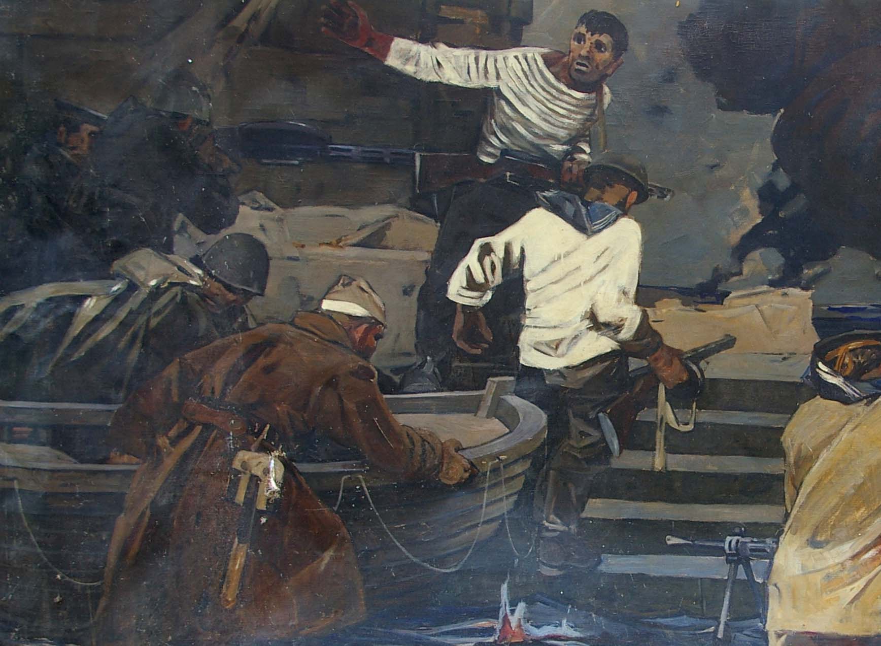 Oil painting by Grachev Anatoly Nikolaevich: soldiers at war in chaotic naval battle