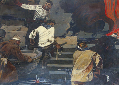 Dramatic oil painting by Grachev Anatoly Nikolaevich of soldiers at war in chaotic maritime rescue scene