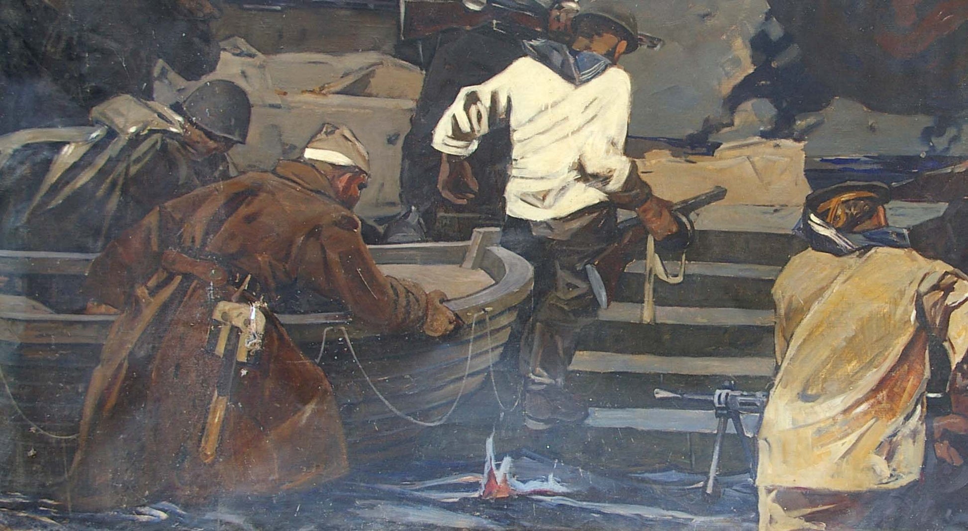 Oil painting by Grachev Anatoly Nikolaevich of soldiers rowboat on pier