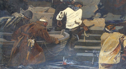 Oil painting by Grachev Anatoly Nikolaevich of soldiers rowboat on pier