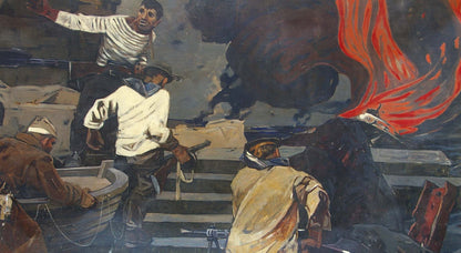 Dramatic oil painting by Grachev Anatoly Nikolaevich of sailors at war on flaming ship