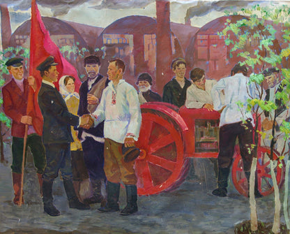 Oil painting The first tractor by Pokulity Konstantin Ivanovich, red tractor with spoked wheels