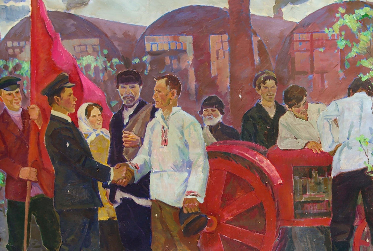 Oil painting of vibrant red tractor wheel by Pokulity Konstantin Ivanovich