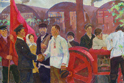 Oil painting of vibrant red tractor wheel by Pokulity Konstantin Ivanovich