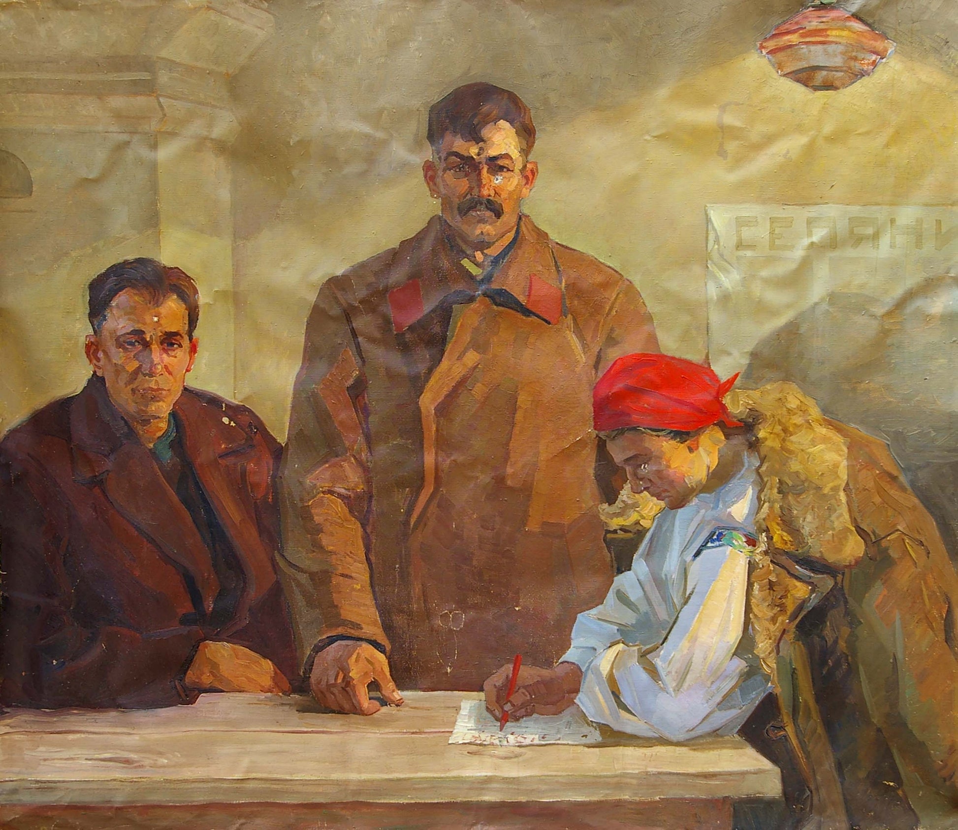 Oil painting by Shinkarenko Stanislav Gavriilovich, three men in rustic interior