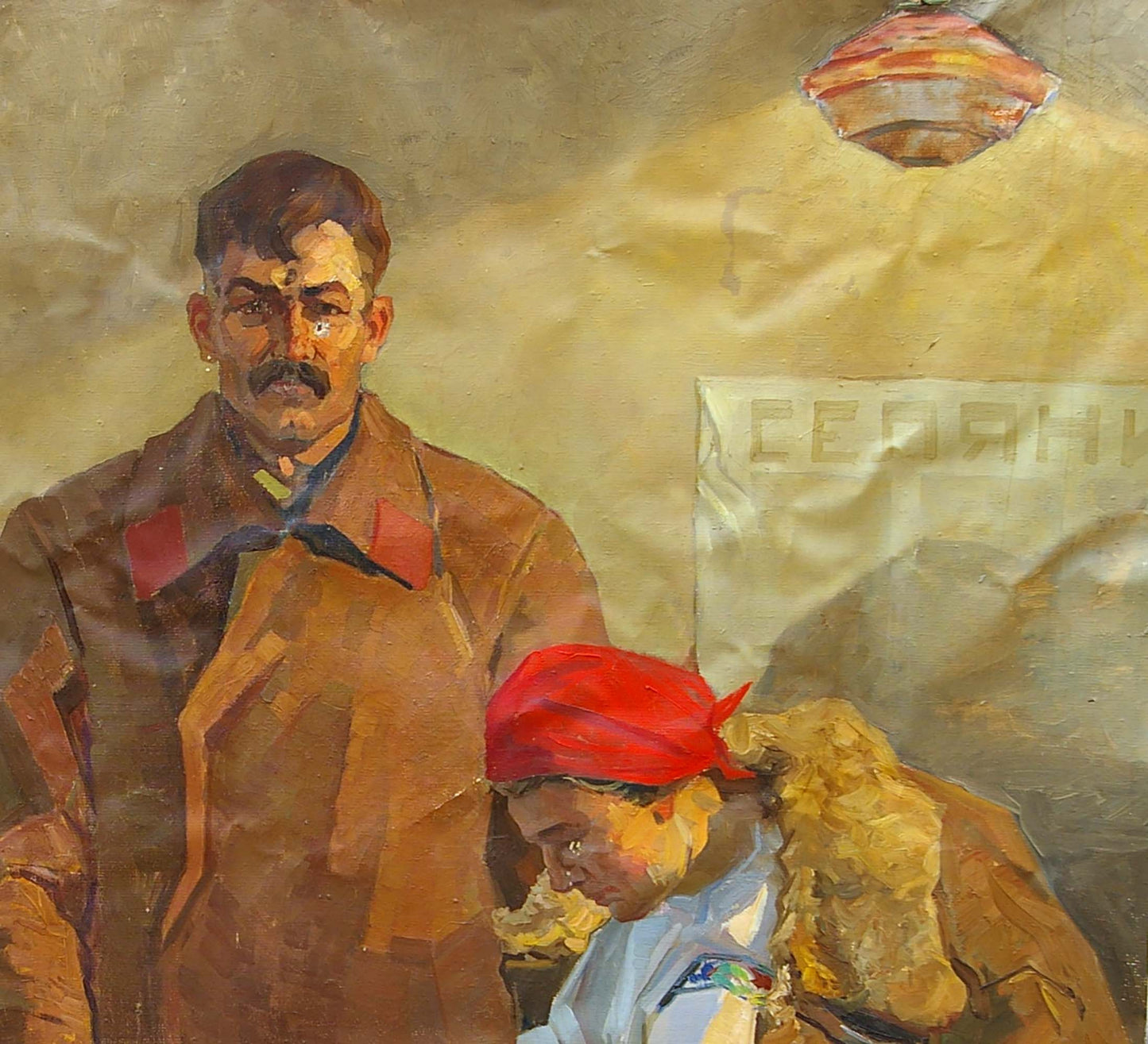 Vintage oil painting by Shinkarenko: man in brown coat, boy in red headscarf