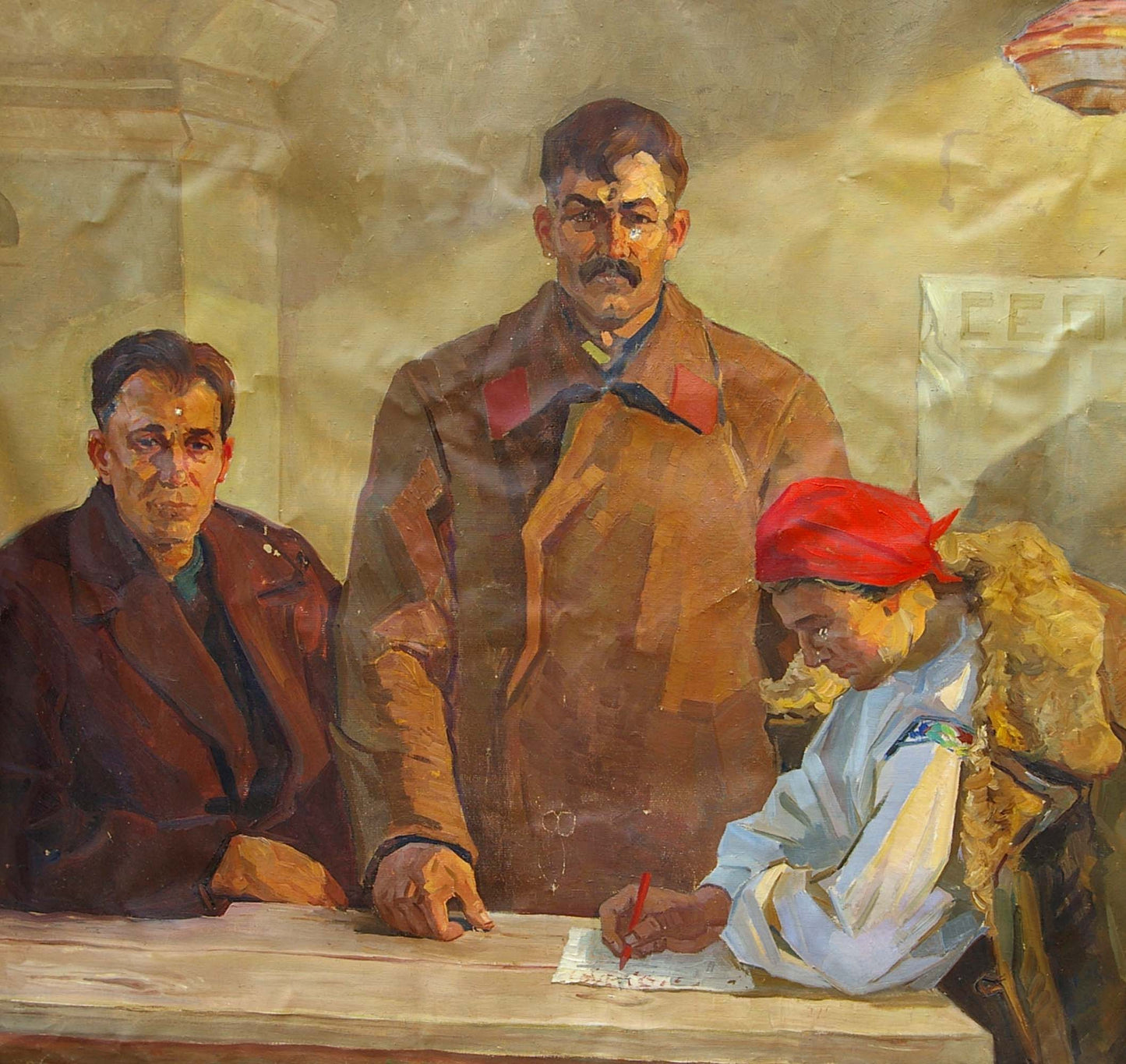Oil painting by Shinkarenko Stanislav Gavriilovich of three men in rustic interior