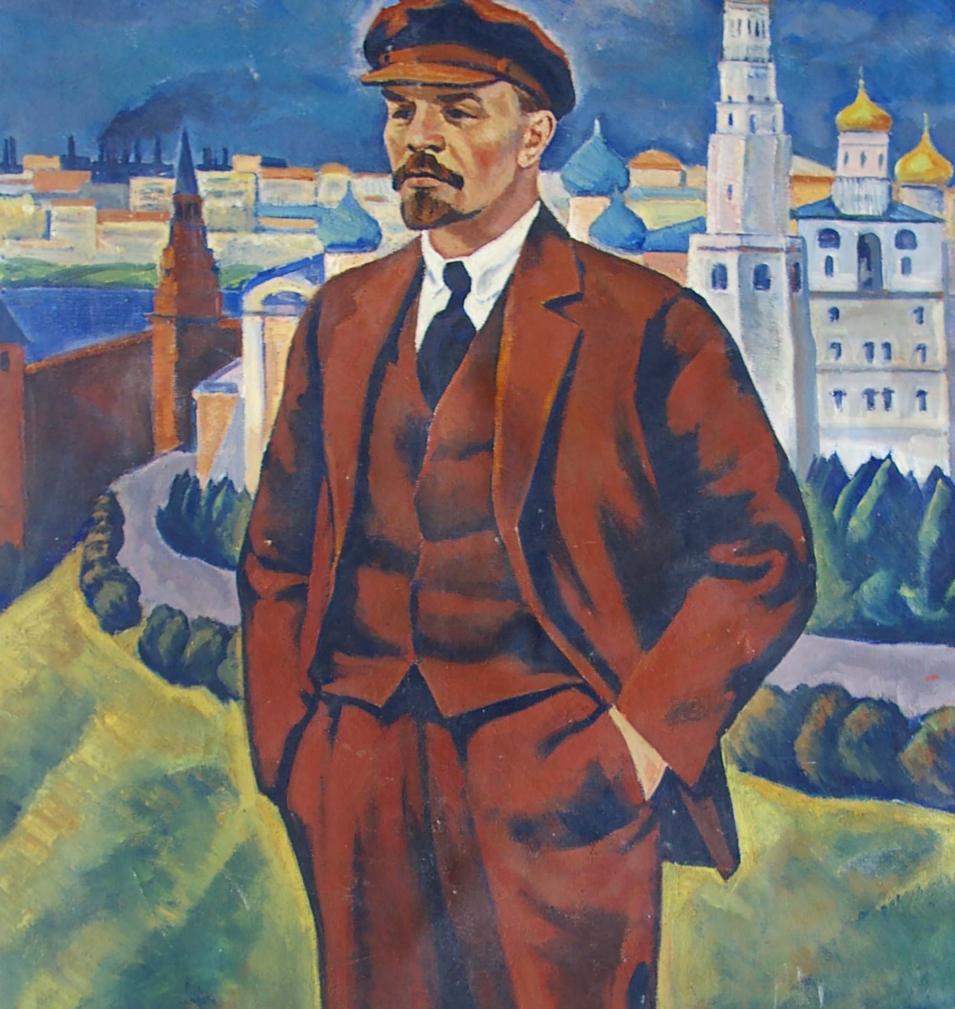 Oil painting portrait of Lenin in red suit by Vyacheslav Vasilievich Tokarev