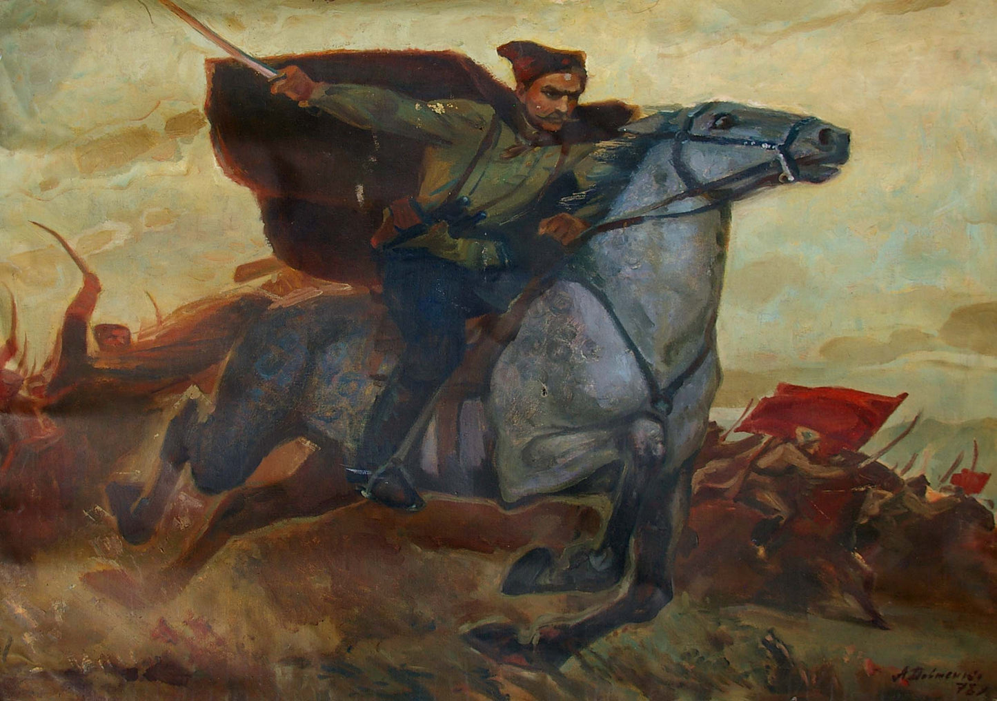 Oil painting Chapaev by Dovzhenko: soldier on galloping horse with sword