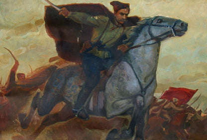 Oil painting of Chapaev by Dovzhenko Anatoly Ivanovich charging on horse