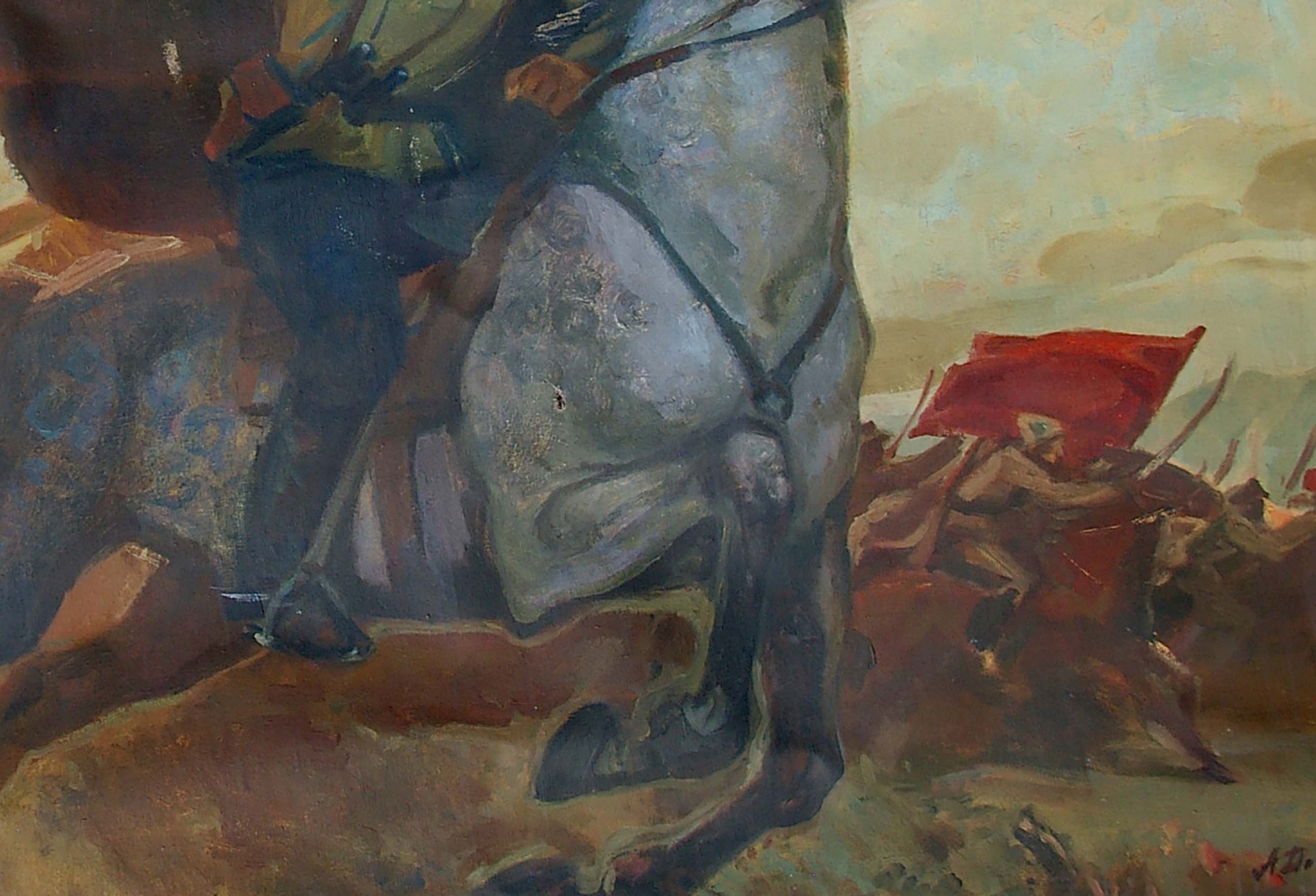 Oil painting by Anatoly Ivanovich Dovzhenko: gray horse Chapaev on battlefield