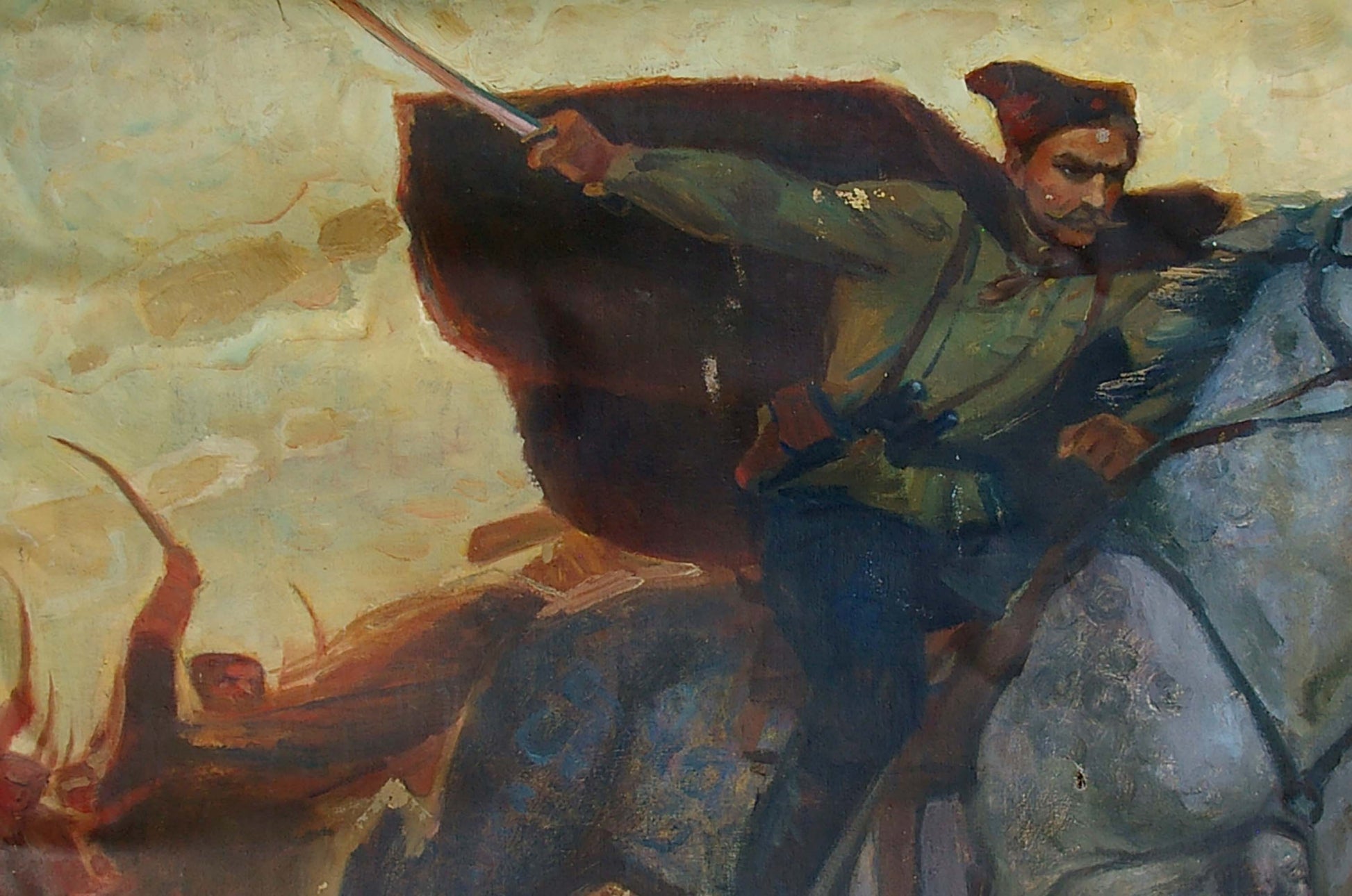 Oil painting of Chapaev by Dovzhenko Anatoly Ivanovich on gray horse