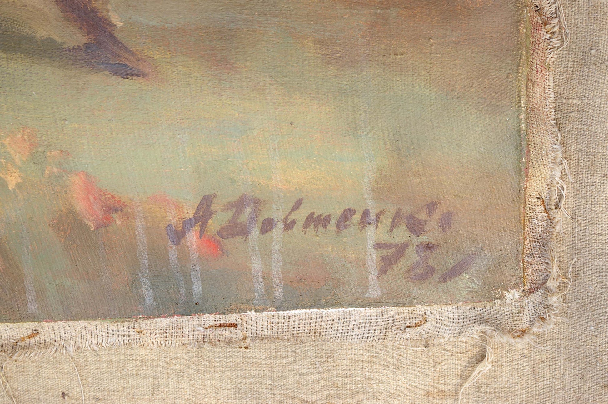 Faded purple ink signature a. on back of Chapaev Dovzhenko oil painting