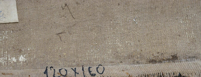 Aged textured canvas back of Chapaev oil painting by Anatoly Ivanovich Dovzhenko