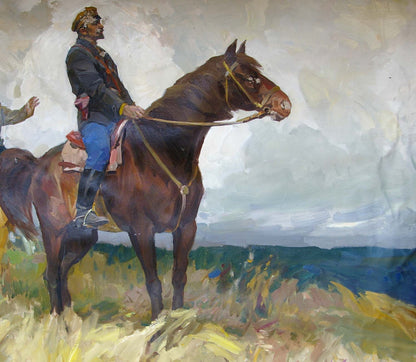 Oil painting of dark brown horse with yellow bridle by Shchors and Bozhenko Soroka Arkady Vasilievich