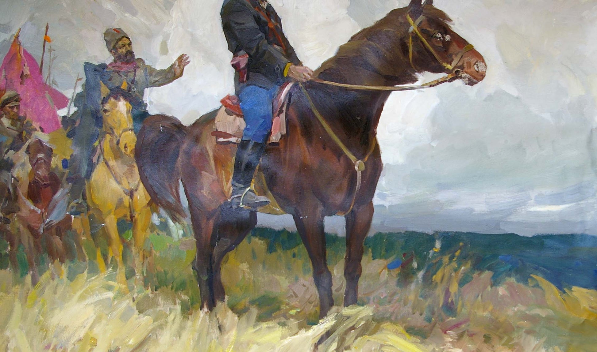 Oil painting of dark brown horse with yellow bridle and rider in blue pants by Soroka Arkady Vasilievich