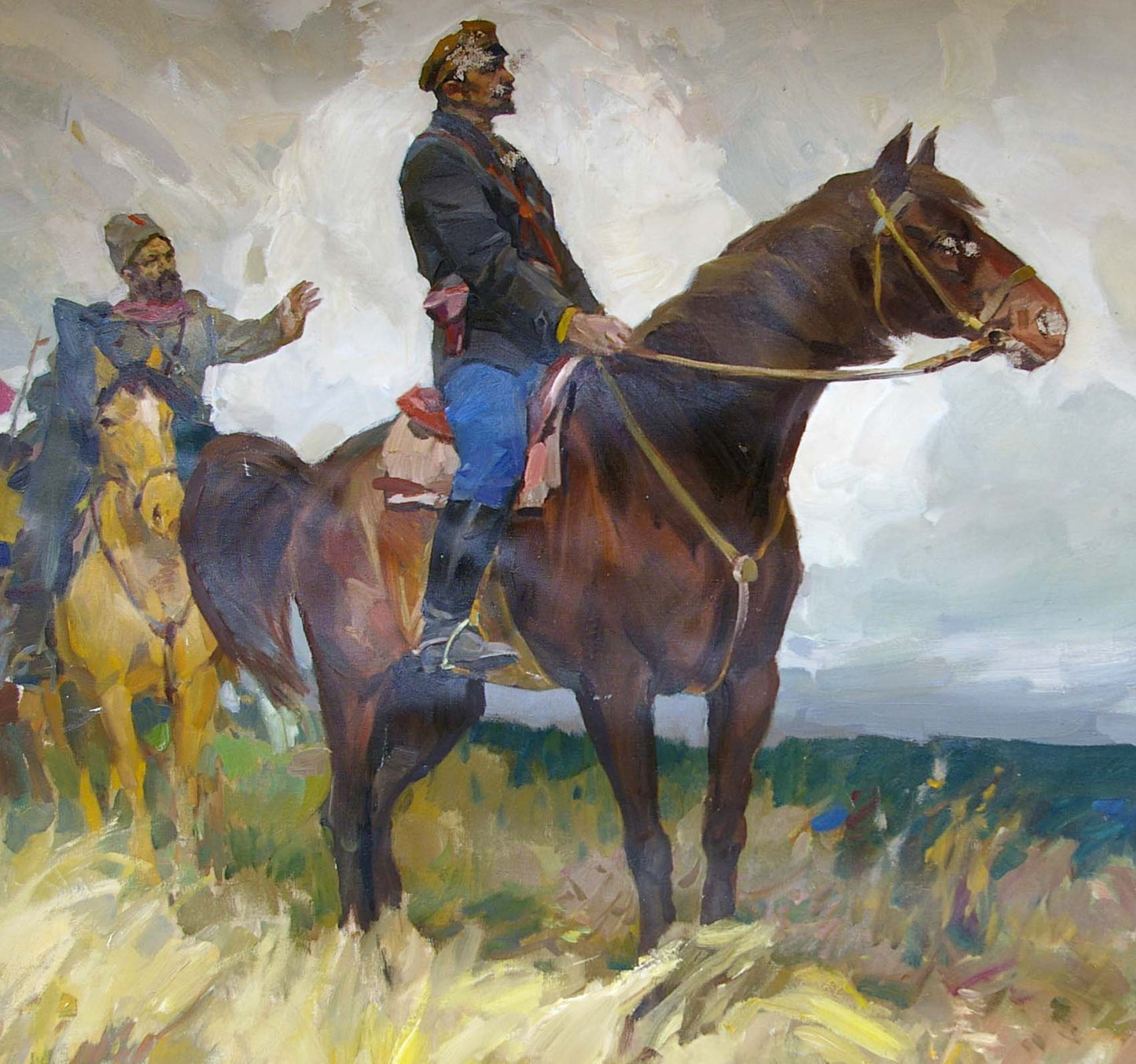 Oil painting of dark brown horse with yellow bridle ridden by military man in Shchors and Bozhenko by Soroka Arkady Vasilievich