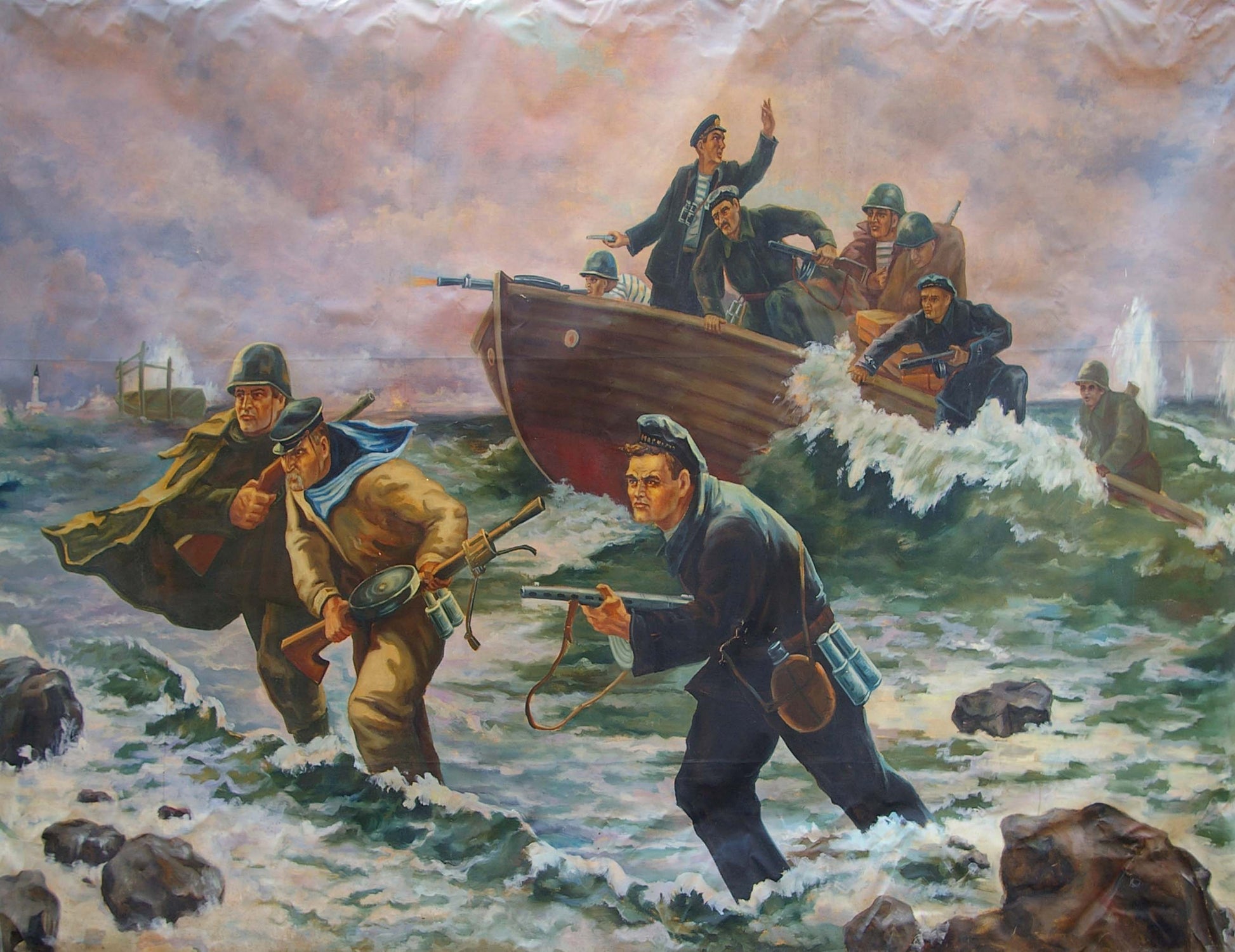 Oil painting of sailors disembarking through turbulent waves