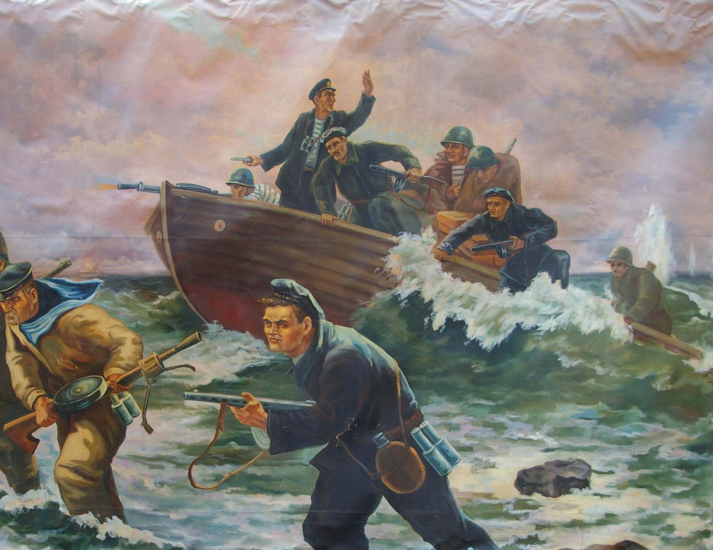 Oil painting of wooden rowboat with soldiers disembarking in choppy seas