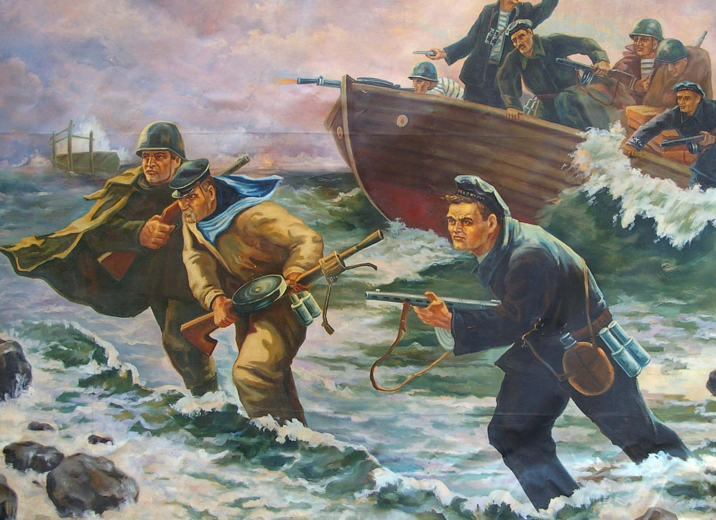 Oil painting Disembarkation of sailors: troops wading through waves to boat