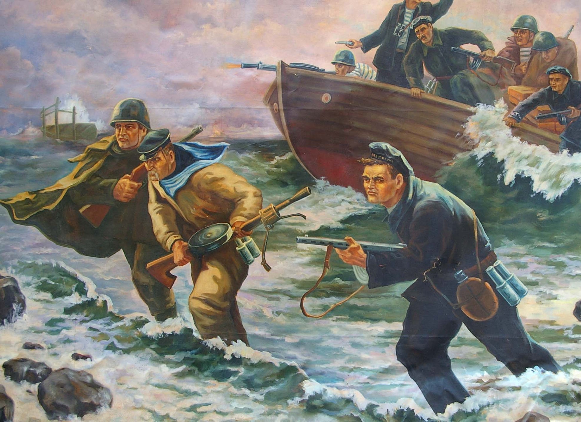 Oil painting Disembarkation of sailors: troops wading through waves to boat