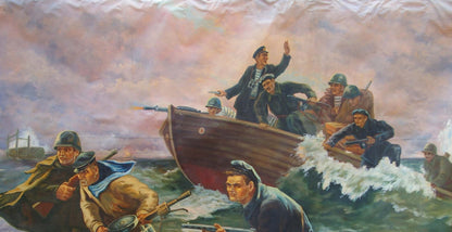 Dramatic oil painting of sailors disembarking rowboat in stormy seas