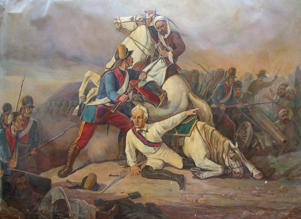 Historic Oil Painting: Revolution War Battle with Mounted Soldiers on White Horse