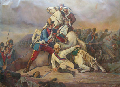 Oil painting of revolutionary war battle with mounted soldiers in blue red uniforms