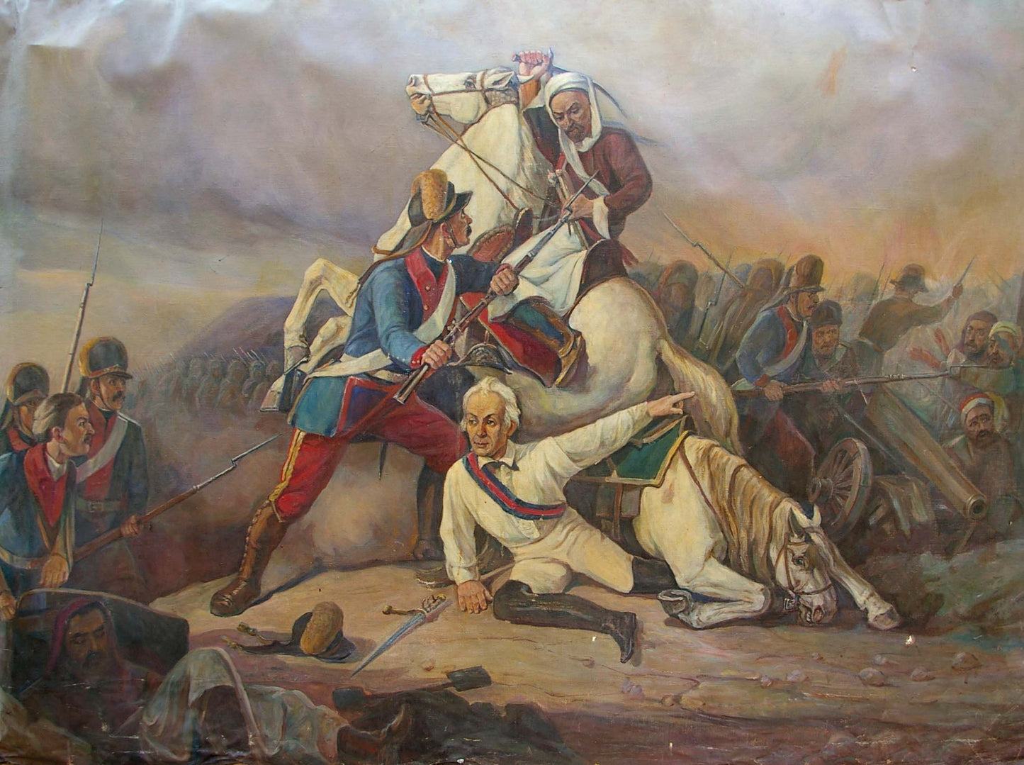 Oil painting of revolutionary war battle with mounted soldiers in blue red uniforms