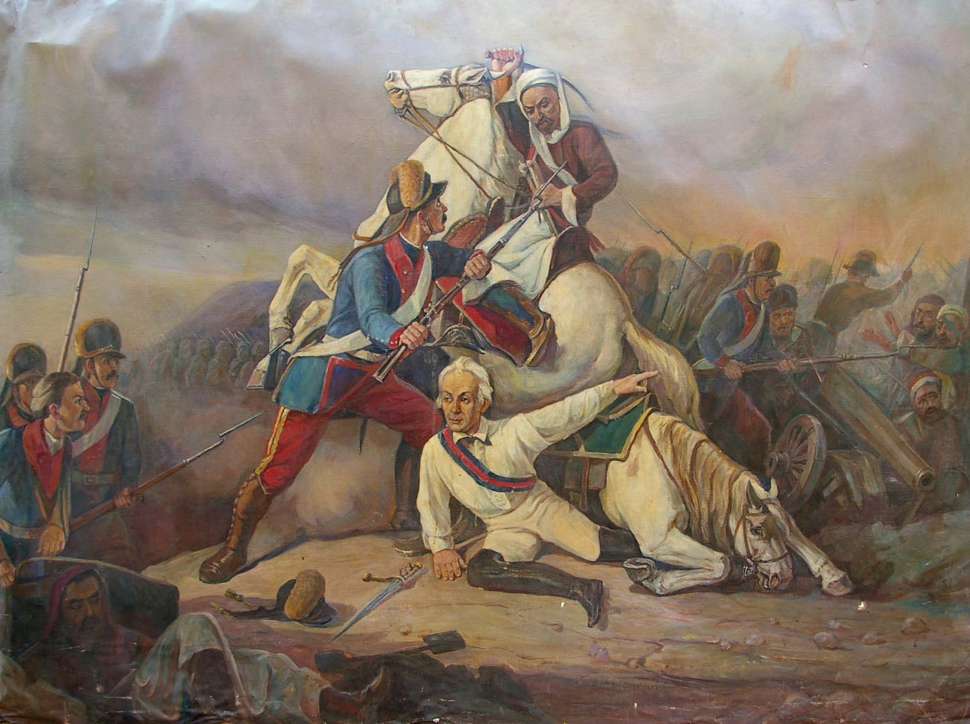 Oil painting of revolutionary war battle with mounted soldiers in blue red uniforms