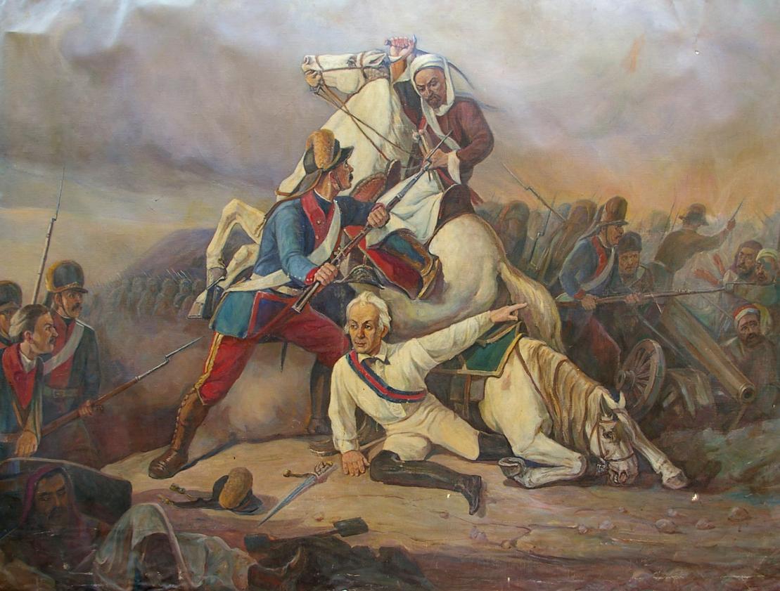 Oil painting of 18th-century revolutionary war battle scene