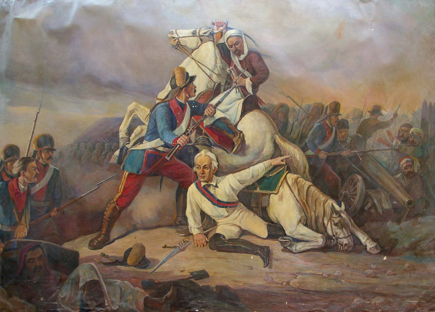 Oil painting of revolutionary war battle with mounted soldiers in blue red uniforms fallen horse