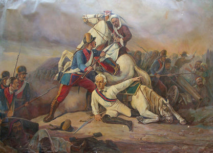 Oil painting of revolutionary war battle with mounted soldiers in blue red uniforms fallen horse