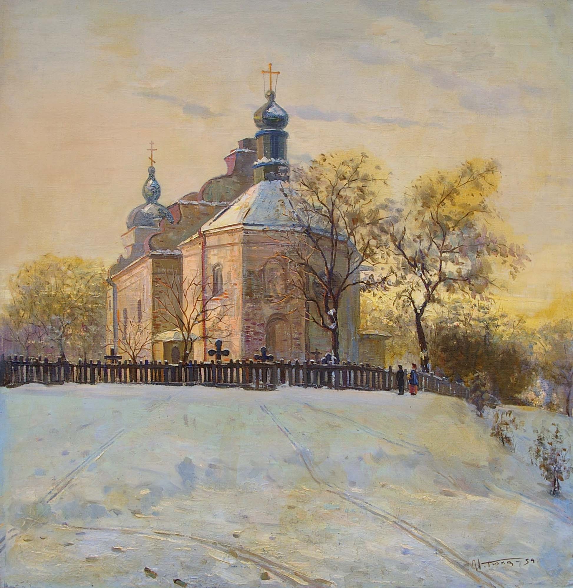 Oil painting by Tyukha Ivan Andreevich: snowy church with blue domes