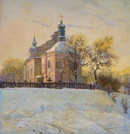 Oil painting by Tyukha Ivan Andreevich: snowy church with blue domes