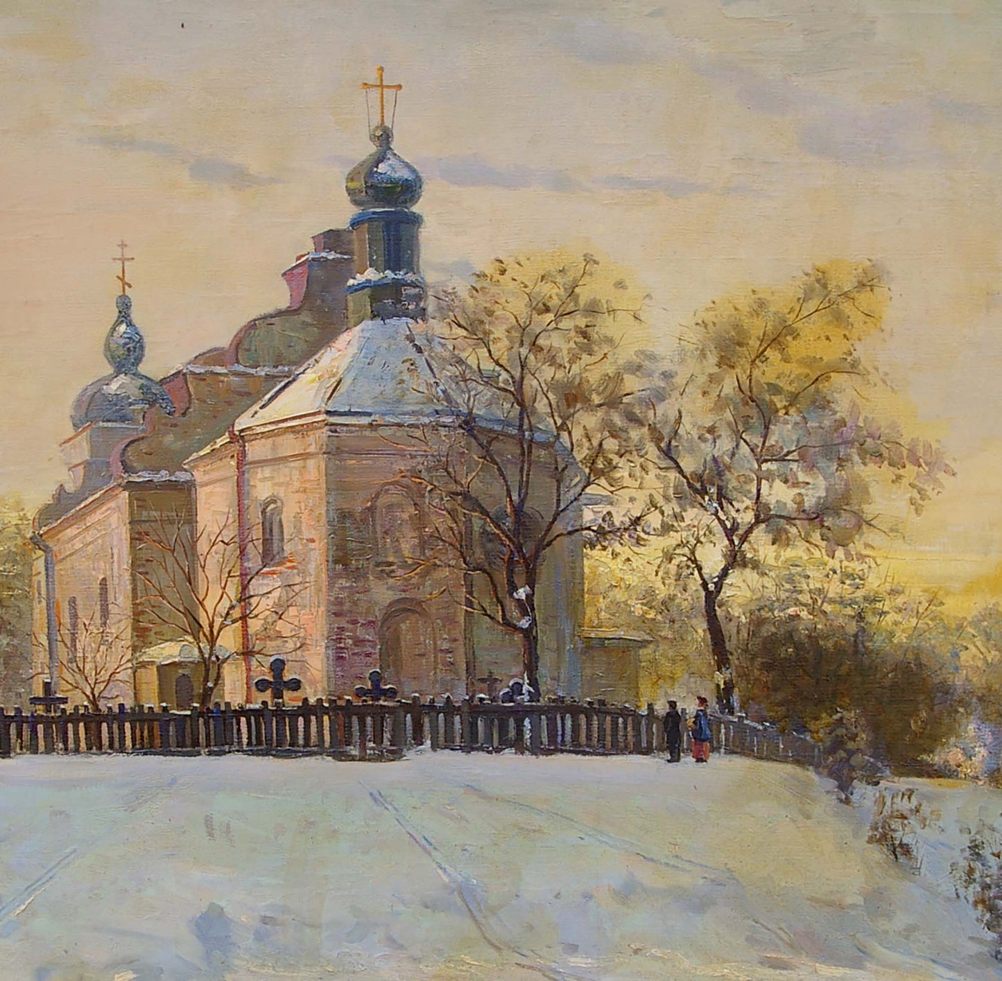 Oil painting by Tyukha Ivan Andreevich: stone church with blue onion domes in snowy landscape