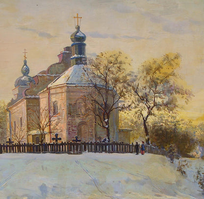 Oil painting by Tyukha Ivan Andreevich: stone church with blue onion domes in snowy landscape