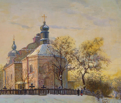 Oil painting by Tyukha Ivan Andreevich: church with blue domes in snowy landscape