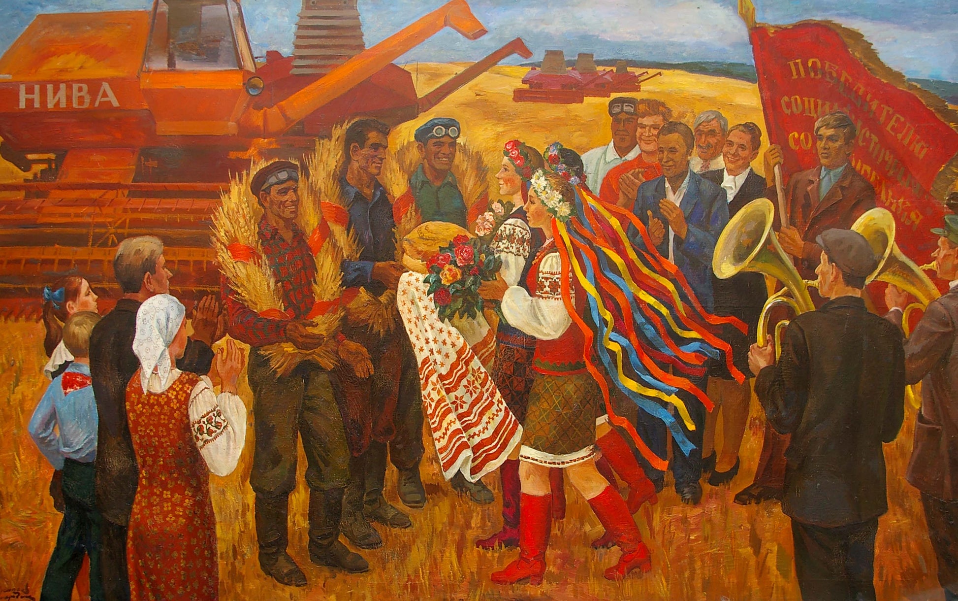 Oil painting of vibrant red banner with gold Cyrillic Победа социалистического by Budnikov