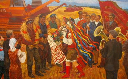 Vibrant multicolored ribbon flows behind woman in folk attire by Budnikov