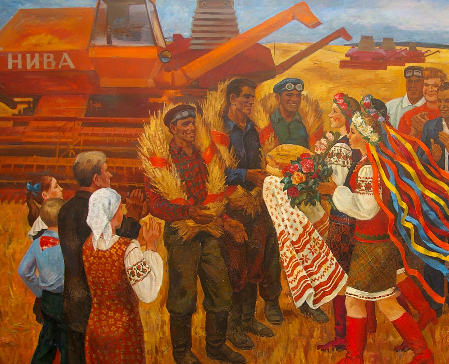 Orange Niva combine harvester in golden wheat field oil painting by Budnikov
