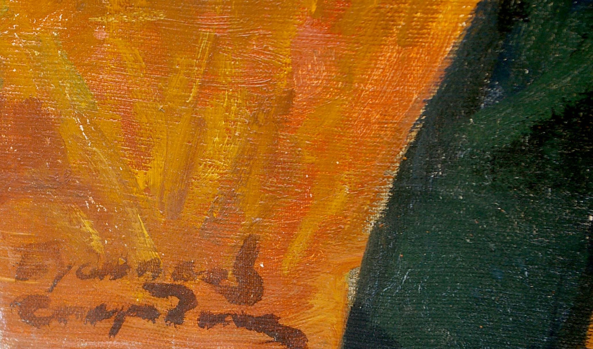 Abstract oil painting by Budnikov Vladimir Aleksandrovich with vibrant orange yellow brushstrokes on deep green