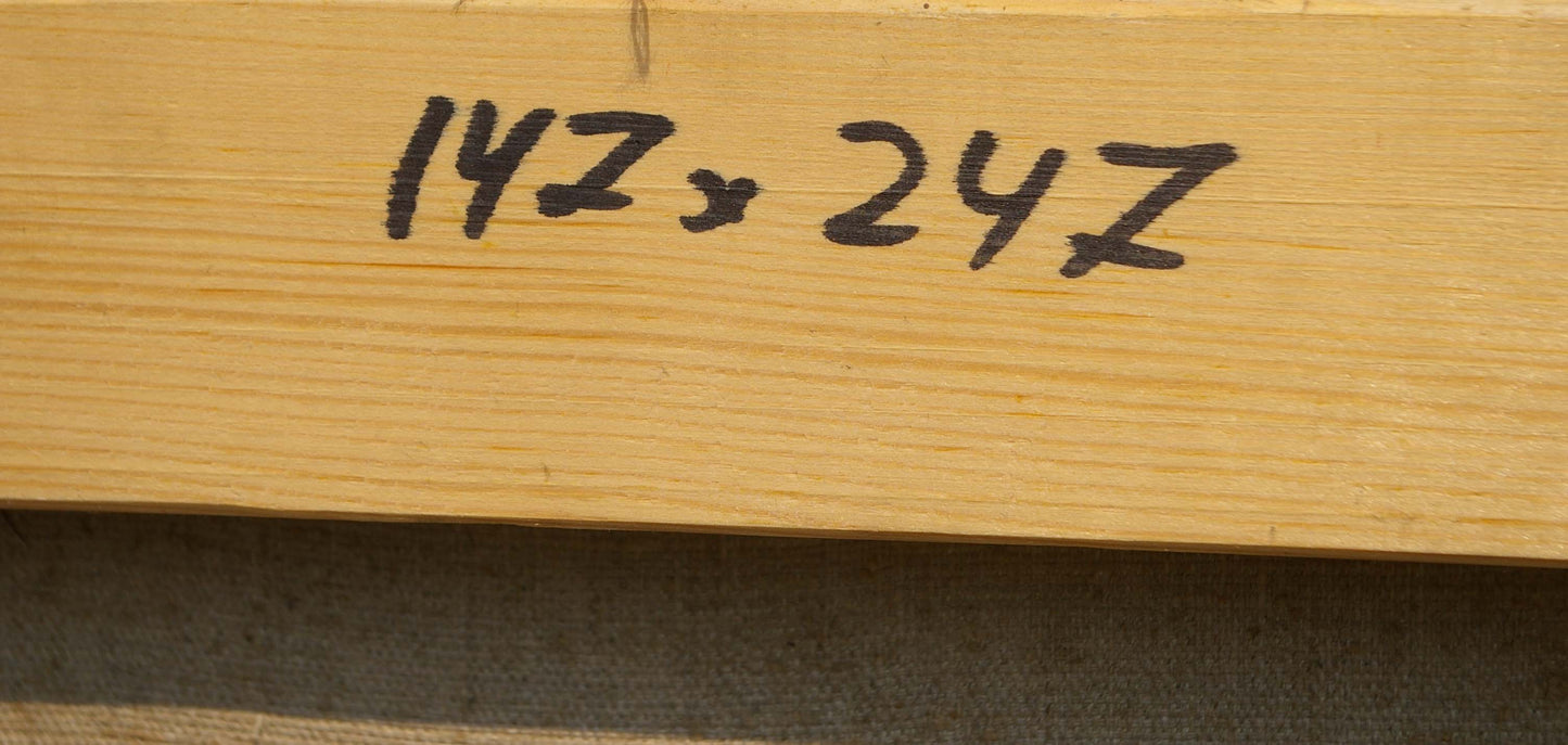 Back of Vladimir Aleksandrovich Budnikov oil painting with light wooden plank and black handwritten markings
